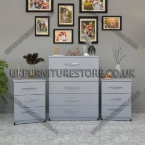 Silver 5 Drawers Chest Drawers and 3 Drawers Bedside Cabinets