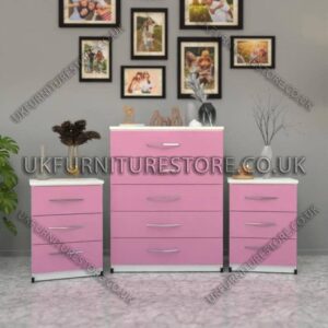 Front Pink Side White 5 Drawers Chest Drawers and 3 Drawers Bedside Cabinets