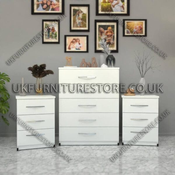 White 5 Drawers Chest Drawers and 3 Drawers Bedside Cabinets