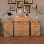 Beech 5 Drawers Chest Drawers and 4 Drawers Bedside Cabinets