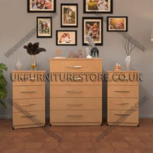 Beech 5 Drawers Chest Drawers and 4 Drawers Bedside Cabinets