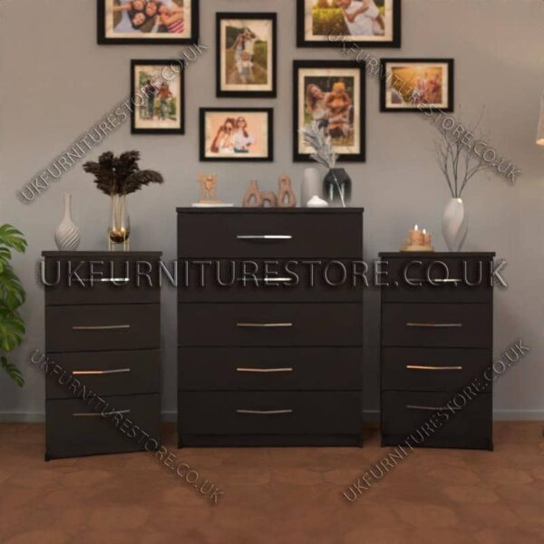 Black 5 Drawers Chest Drawers and 4 Drawers Bedside Cabinets