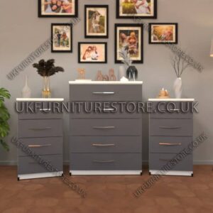 Front Gray Side White 5 Drawers Chest Drawers and 4 Drawers Bedside Cabinets