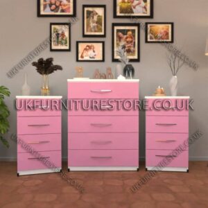 Front Pink Side White 5 Drawers Chest Drawers and 4 Drawers Bedside Cabinets