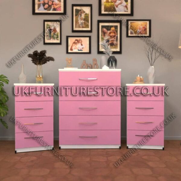 Front Pink Side White 5 Drawers Chest Drawers and 4 Drawers Bedside Cabinets