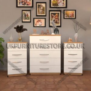 Front White Side Beech 5 Drawers Chest Drawers and 4 Drawers Bedside Cabinets