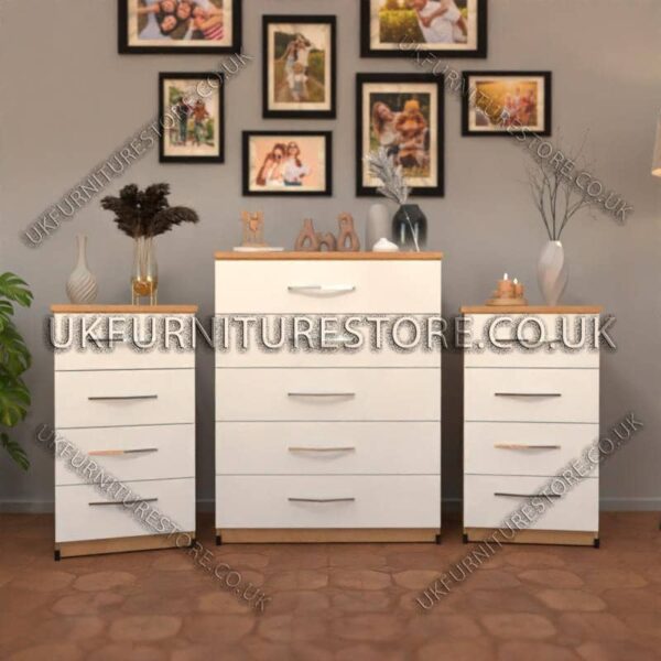Front White Side Beech 5 Drawers Chest Drawers and 4 Drawers Bedside Cabinets