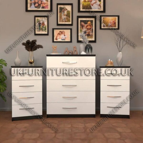 Front White Side Black 5 Drawers Chest Drawers and 4 Drawers Bedside Cabinets