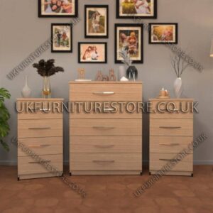 Oak 5 Drawers Chest Drawers and 4 Drawers Bedside Cabinets