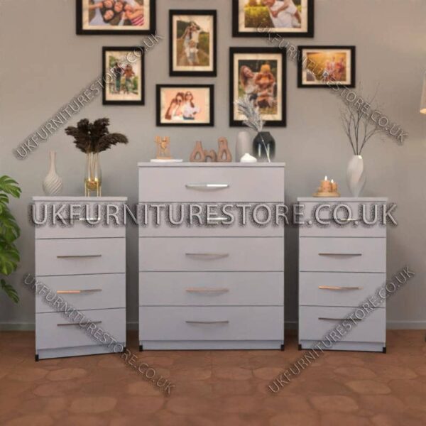 Silver 5 Drawers Chest Drawers and 4 Drawers Bedside Cabinets