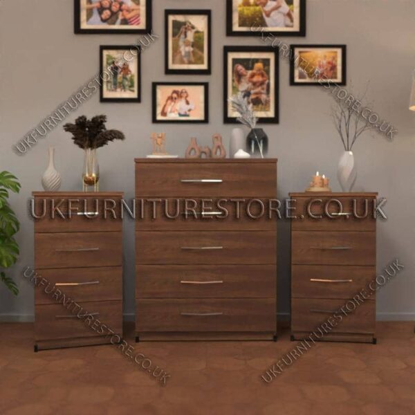 Walnut 5 Drawers Chest Drawers and 4 Drawers Bedside Cabinets
