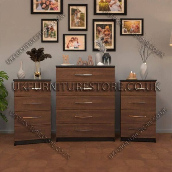 Front Walnut Side Black 5 Drawers Chest Drawers and 4 Drawers Bedside Cabinets