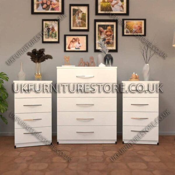 White 5 Drawers Chest Drawers and 4 Drawers Bedside Cabinets