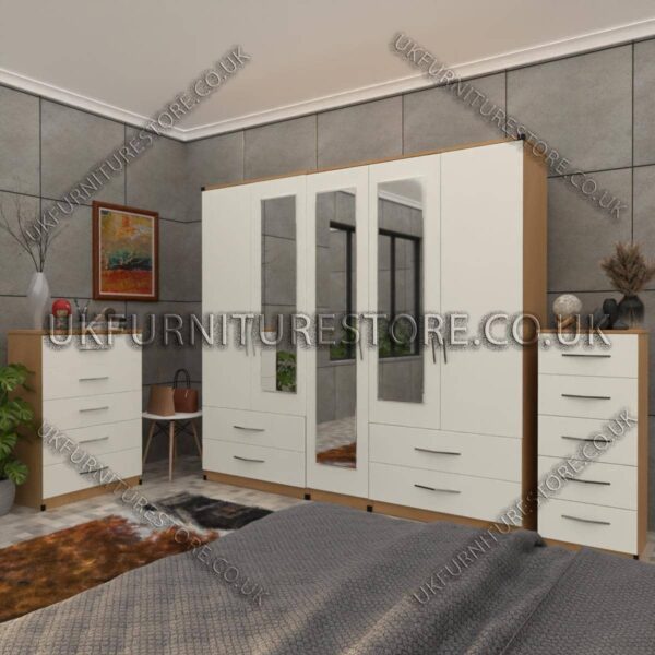 Front White Side Beech5 Door Wardrobe With 3 Mirrors and 4 Bottom Drawers Set With Chest Drawer and Bedside