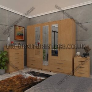Beech 5 Door Wardrobe With 3 Mirrors and 4 Bottom Drawers Set With Chest Drawer and Bedside