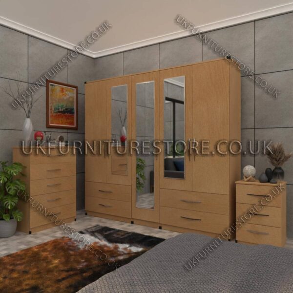 Beech 5 Door Wardrobe With 3 Mirrors and 4 Bottom Drawers Set With Chest Drawer and Bedside
