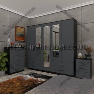 Front Gray Side Black 5 Door Wardrobe With 3 Mirrors and 4 Bottom Drawers Set With Chest Drawer and Bedside