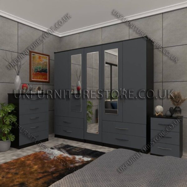 Front Gray Side Black 5 Door Wardrobe With 3 Mirrors and 4 Bottom Drawers Set With Chest Drawer and Bedside