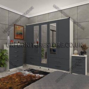 5 Door Wardrobe With 3 Mirrors and Front Gray Side White 4 Bottom Drawers Set With Chest Drawer and Bedside