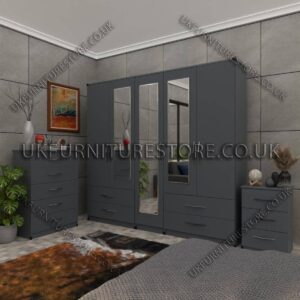 Gray 5 Door Wardrobe With 3 Mirrors and 4 Bottom Drawers Set With Chest Drawer and Bedside