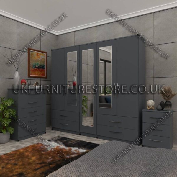 Gray 5 Door Wardrobe With 3 Mirrors and 4 Bottom Drawers Set With Chest Drawer and Bedside