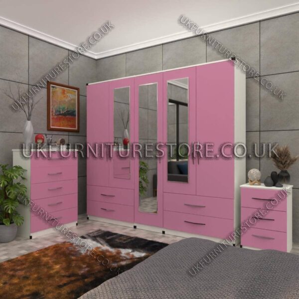 Front Pink Side White 5 Door Wardrobe With 3 Mirrors and 4 Bottom Drawers Set With Chest Drawer and Bedside