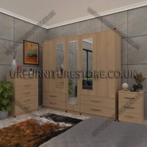 Oak 5 Door Wardrobe With 3 Mirrors and 4 Bottom Drawers Set With Chest Drawer and Bedside