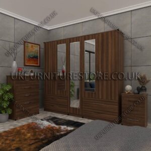 Walnut 5 Door Wardrobe With 3 Mirrors and 4 Bottom Drawers Set With Chest Drawer and Bedside