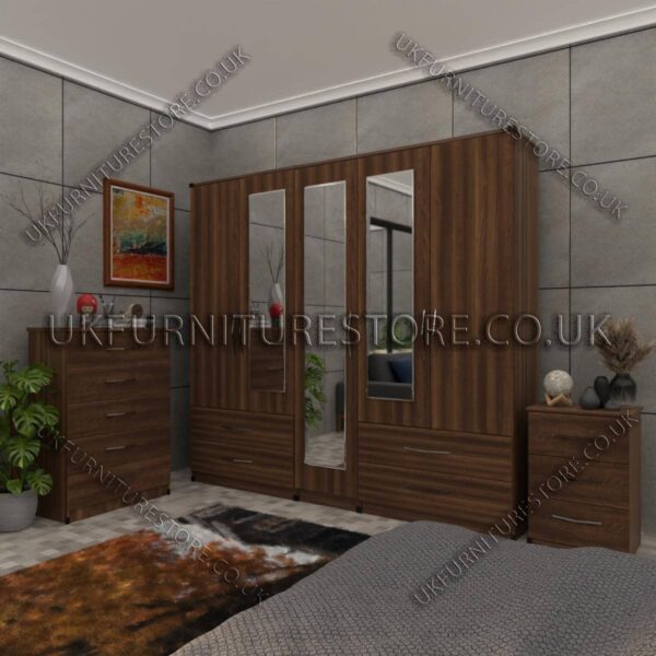 Walnut 5 Door Wardrobe With 3 Mirrors and 4 Bottom Drawers Set With Chest Drawer and Bedside