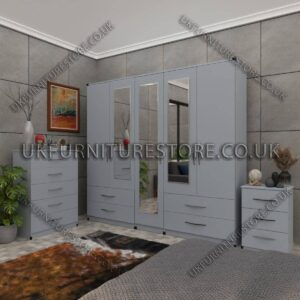 Silver 5 Door Wardrobe With 3 Mirrors and 4 Bottom Drawers Set With Chest Drawer and Bedside