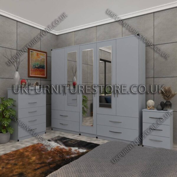 Silver 5 Door Wardrobe With 3 Mirrors and 4 Bottom Drawers Set With Chest Drawer and Bedside