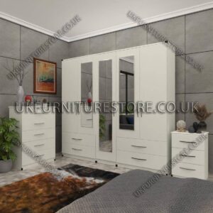 White 5 Door Wardrobe With 3 Mirrors and 4 Bottom Drawers Set With Chest Drawer and Bedside