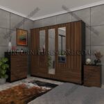 Front Walnut Side Black 5 Door Wardrobe With 3 Mirrors and 4 Bottom Drawers Set With Chest Drawer and Bedside