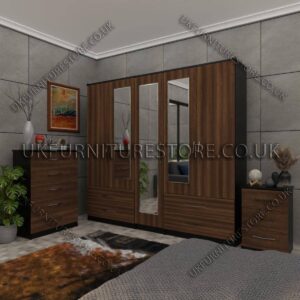 Front Walnut Side Black 5 Door Wardrobe With 3 Mirrors and 4 Bottom Drawers Set With Chest Drawer and Bedside