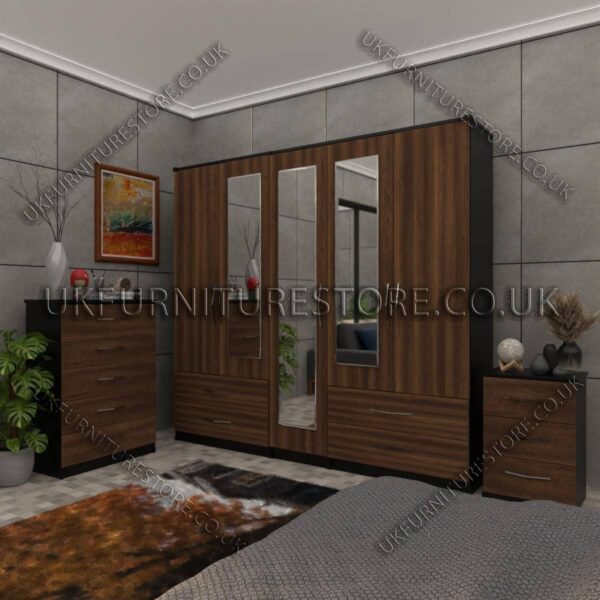 Front Walnut Side Black 5 Door Wardrobe With 3 Mirrors and 4 Bottom Drawers Set With Chest Drawer and Bedside