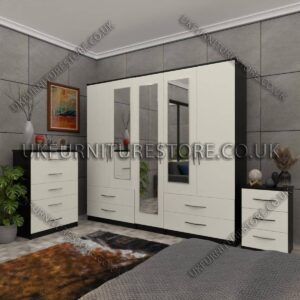 Front White Side Black 5 Door Wardrobe With 3 Mirrors and 4 Bottom Drawers Set With Chest Drawer and Bedside