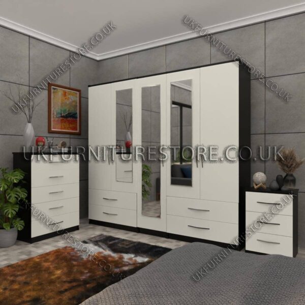 Front White Side Black 5 Door Wardrobe With 3 Mirrors and 4 Bottom Drawers Set With Chest Drawer and Bedside