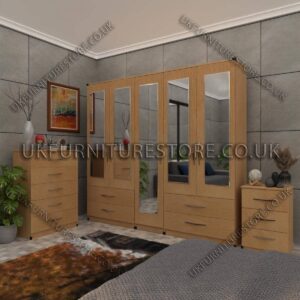 Beech 5 Door Wardrobe With 5 Mirrors and 4 Bottom Drawers Set With Chest Drawer and Bedside