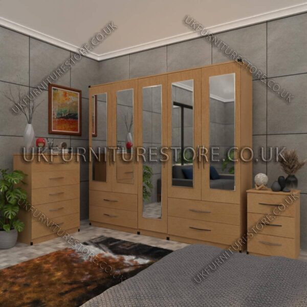 Beech 5 Door Wardrobe With 5 Mirrors and 4 Bottom Drawers Set With Chest Drawer and Bedside
