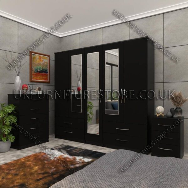 Black 5 Door Wardrobe With 3 Mirrors and 4 Bottom Drawers Set With Chest Drawer and Bedside