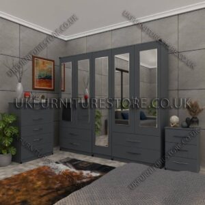 Gray 5 Door Wardrobe With 5 Mirrors and 4 Bottom Drawers Set With Chest Drawer and Bedside
