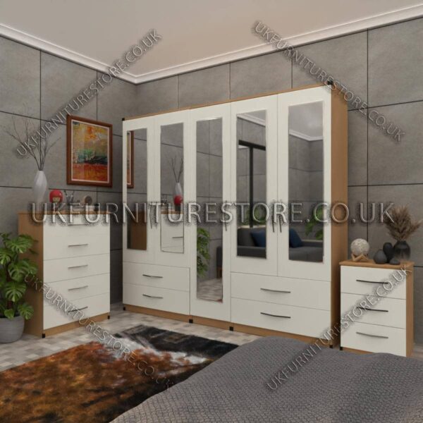 Front White Side Beech 5 Door Wardrobe With 5 Mirrors and 4 Bottom Drawers Set With Chest Drawer and Bedside