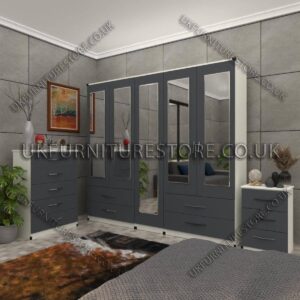 Front Gray Side White 5 Door Wardrobe With 5 Mirrors and 4 Bottom Drawers Set With Chest Drawer and Bedside