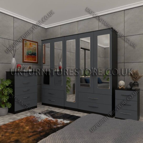 Front Gray Side Black 5 Door Wardrobe With 5 Mirrors and 4 Bottom Drawers Set With Chest Drawer and Bedside