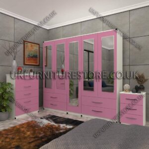Front Pink Side White 5 Door Wardrobe With 5 Mirrors and 4 Bottom Drawers Set With Chest Drawer and Bedside