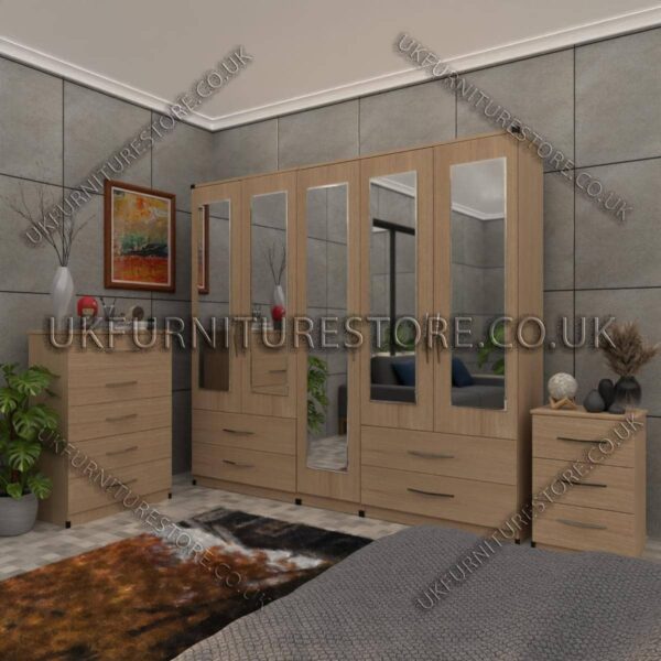 Oak 5 Door Wardrobe With 5 Mirrors and 4 Bottom Drawers Set With Chest Drawer and Bedside