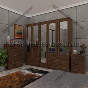 Walnut 5 Door Wardrobe With 5 Mirrors and 4 Bottom Drawers Set With Chest Drawer and Bedside