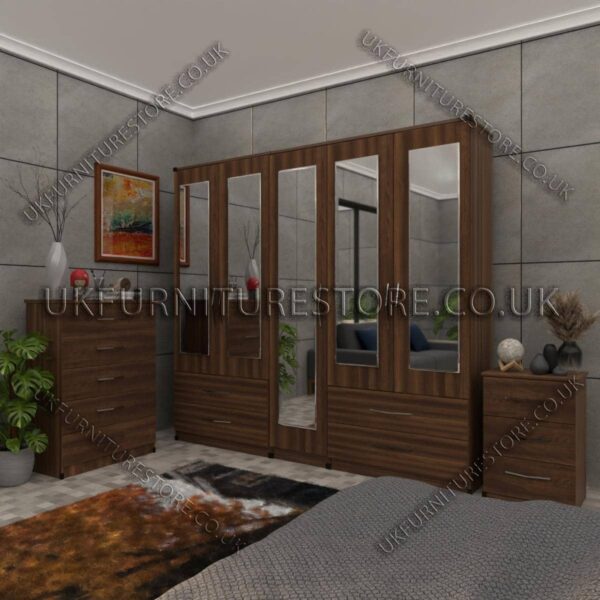 Walnut 5 Door Wardrobe With 5 Mirrors and 4 Bottom Drawers Set With Chest Drawer and Bedside