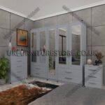 Silver 5 Door Wardrobe With 5 Mirrors and 4 Bottom Drawers Set With Chest Drawer and Bedside