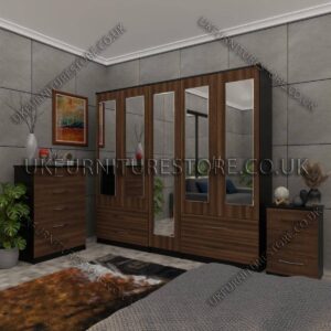 Front Walnut Side Black 5 Door Wardrobe With 5 Mirrors and 4 Bottom Drawers Set With Chest Drawer and Bedside
